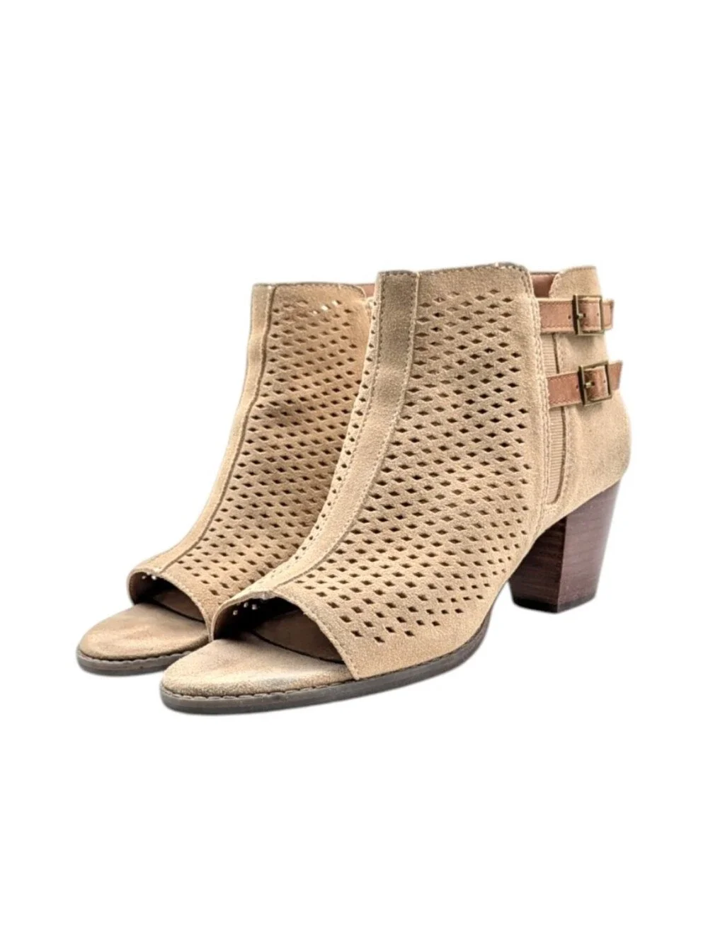 Vionic Aloft Chryssa Light Sand Suede Peep Toe Booties Size 9 GUC S4241